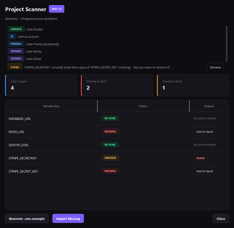 Cloakspire Project Intelligence detecting Docker, Prisma, and third-party services, with a typo suggestion and one-click rename