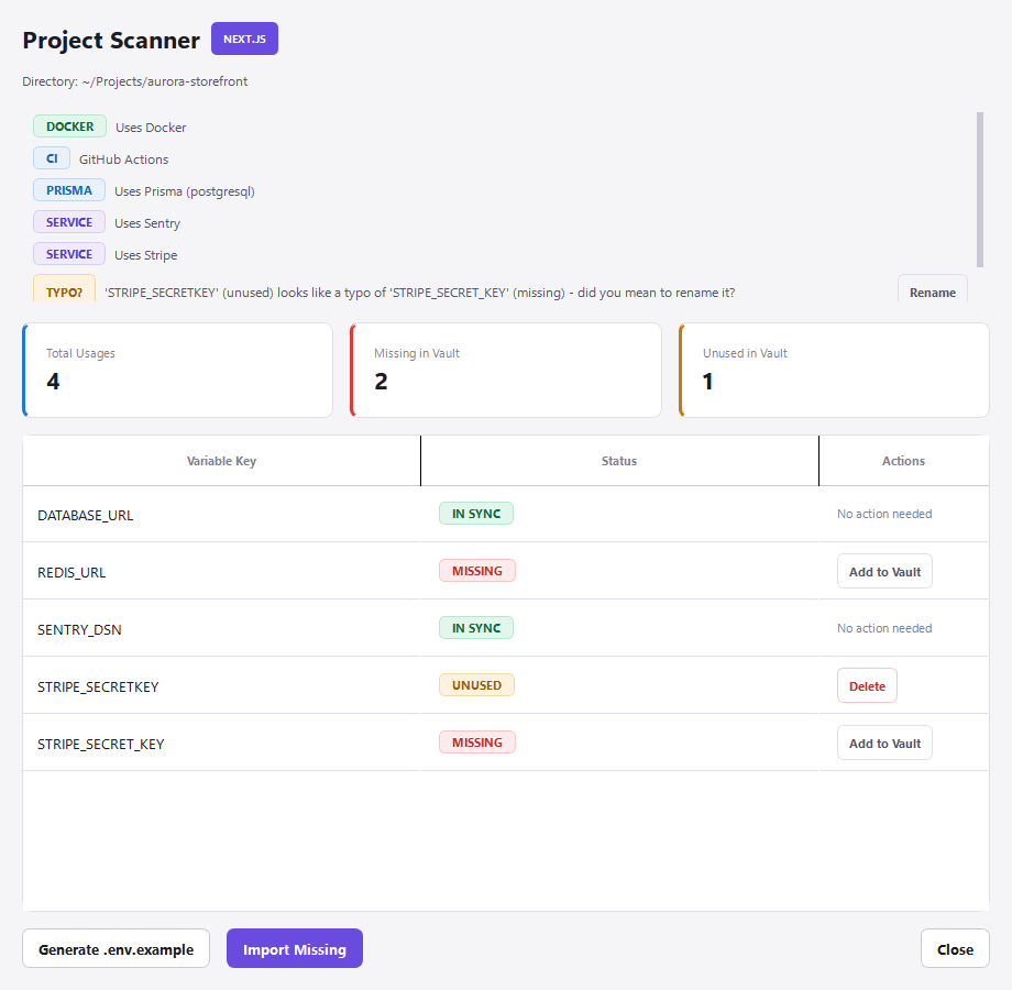 Cloakspire Project Intelligence detecting Docker, Prisma, and third-party services, with a typo suggestion and one-click rename